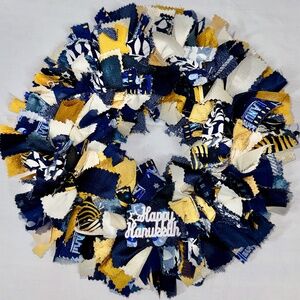 HANUKKAH RAG WREATH 10" HANDCRAFTED DOOR WALL DECOR CANDLE RING 1 OF A KIND GIFT